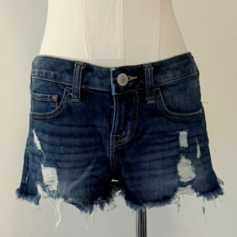Express Womens Shortie low rise Sz 0 Distressed Raw Hem denim Shorts